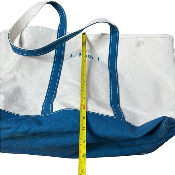 LL BEAN Boat & Tote Ivory Canvas Teal Trim Embroidered Purse Tote - Picture 7 of 11
